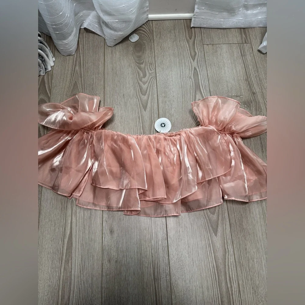 Enchanted Ruffle Tulle Off the Shoulder Crop Top Princess Flounce Elegant Pink - Picture 5 of 8